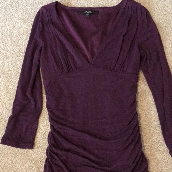 GUESS 3/4 Slv Ruched Mini Dress Plum Purple S - Picture 2 of 3